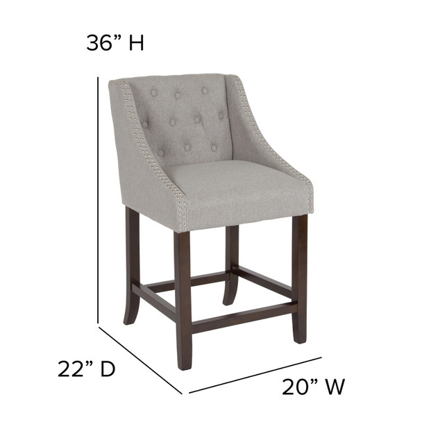 Carmel Series 24" High Transitional Tufted Walnut Counter Height Stool with Accent Nail Trim in Light Gray Fabric