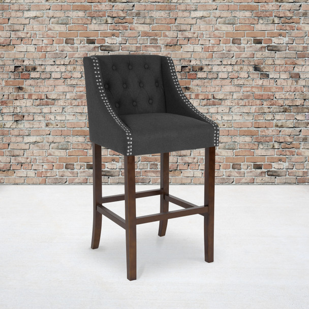 Carmel Series 30" High Transitional Tufted Walnut Barstool with Accent Nail Trim in Charcoal Fabric