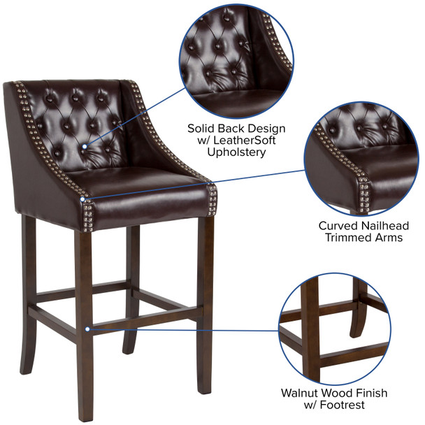 Carmel Series 30" High Transitional Tufted Walnut Barstool with Accent Nail Trim in Brown LeatherSoft