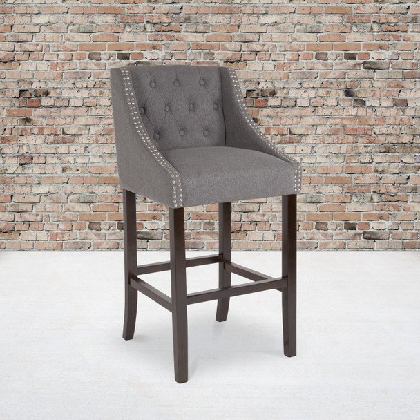 Carmel Series 30" High Transitional Tufted Walnut Barstool with Accent Nail Trim in Dark Gray Fabric