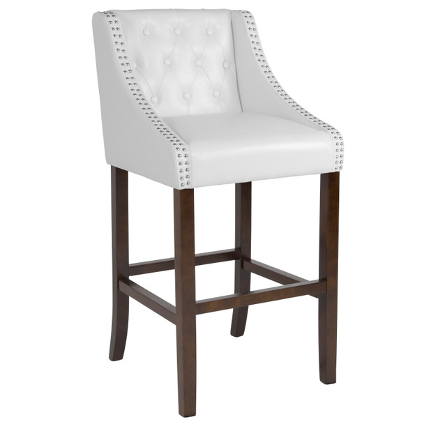 Carmel Series 30" High Transitional Tufted Walnut Barstool with Accent Nail Trim in White LeatherSoft