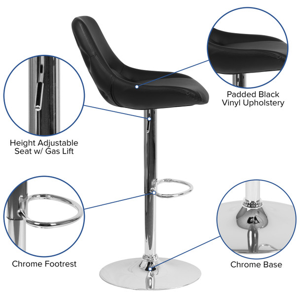 Contemporary Black Vinyl Adjustable Height Barstool with Chrome Base