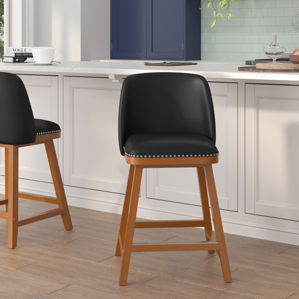 Julia Set of 2 Transitional 24 Inch LeatherSoft Upholstered Counter Stools with Silver Nailhead Trim and Walnut Finish Solid Wood Frames, Black