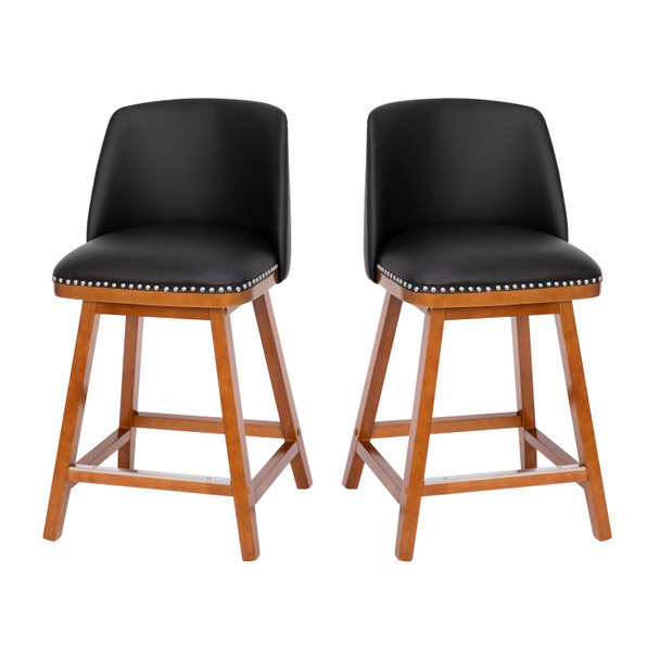 Julia Set of 2 Transitional 24 Inch LeatherSoft Upholstered Counter Stools with Silver Nailhead Trim and Walnut Finish Solid Wood Frames, Black