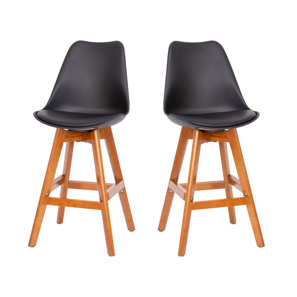 Dana Set of 2 Modern Commercial Counter Stools - Black Plastic Backrest - LeatherSoft Padded Seat - 27 Inch Counter Stools - Walnut Finish Wood Frame