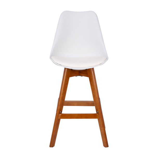 Dana Set of 2 Modern Commercial Counter Stools - White Plastic Backrest - LeatherSoft Padded Seat - 27 Inch Counter Stools - Oak Finish Wood Frame