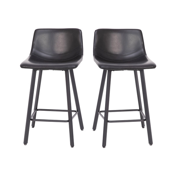 Caleb Modern Armless 24 Inch Counter Height Stools Commercial Grade with Footrests in Black LeatherSoft and Black Matte Metal Frames, Set of 2