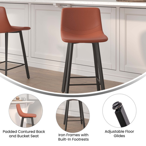 Caleb Modern Armless 24 Inch Counter Height Stools Commercial Grade with Footrests in Cognac LeatherSoft and Black Matte Metal Frames, Set of 2