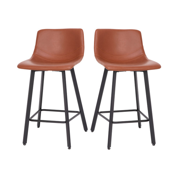 Caleb Modern Armless 24 Inch Counter Height Stools Commercial Grade with Footrests in Cognac LeatherSoft and Black Matte Metal Frames, Set of 2