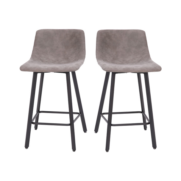 Caleb Modern Armless 24 Inch Counter Height Stools Commercial Grade with Footrests in Gray LeatherSoft and Black Matte Metal Frames, Set of 2