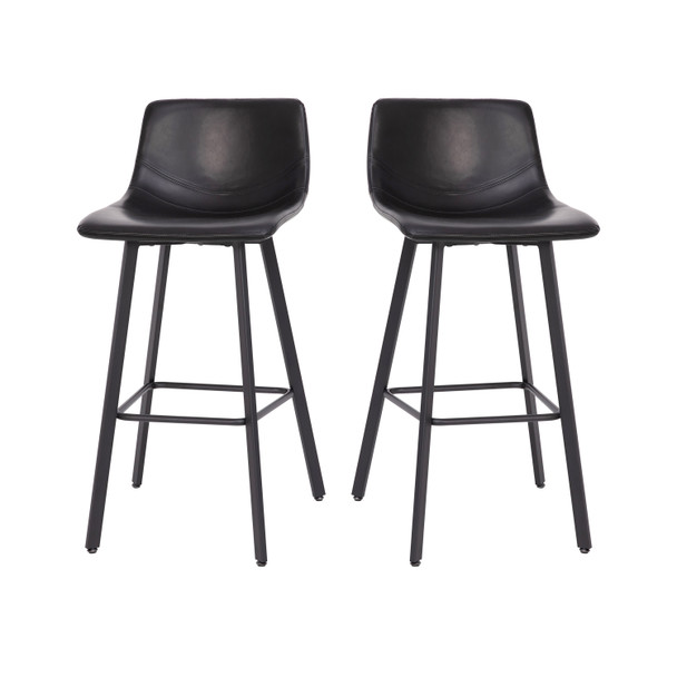 Caleb Modern Armless 30 Inch Bar Height Commercial Grade Barstools with Footrests in Black LeatherSoft and Black Matte Iron Frames, Set of 2