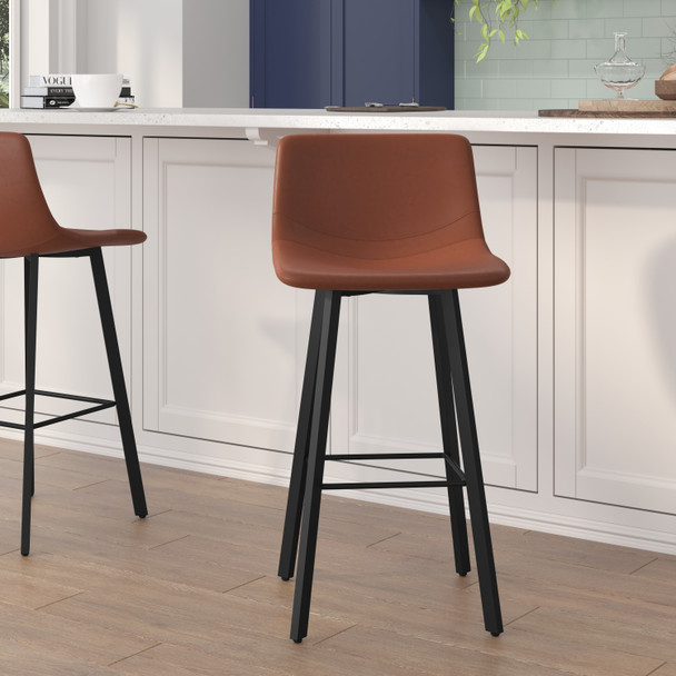 Caleb Modern Armless 30 Inch Bar Height Commercial Grade Barstools with Footrests in Cognac LeatherSoft and Black Matte Iron Frames, Set of 2