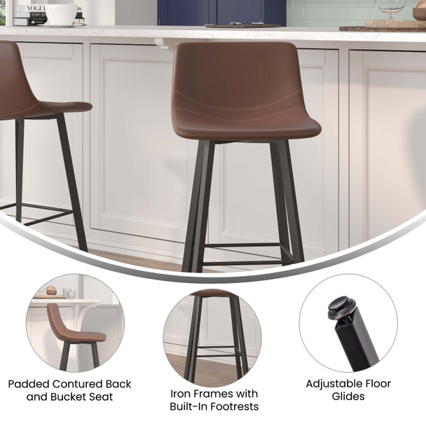 Caleb Modern Armless 30 Inch Bar Height Commercial Grade Barstools with Footrests in Chocolate Brown LeatherSoft and Black Matte Iron Frames, Set of 2