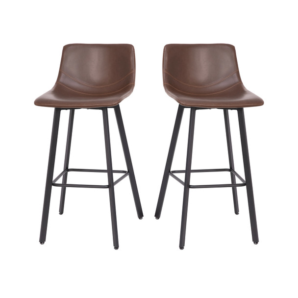 Caleb Modern Armless 30 Inch Bar Height Commercial Grade Barstools with Footrests in Chocolate Brown LeatherSoft and Black Matte Iron Frames, Set of 2