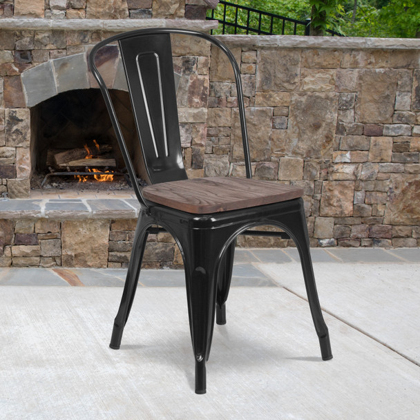 Perry Black Metal Stackable Chair with Wood Seat