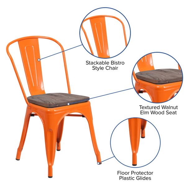 Perry Orange Metal Stackable Chair with Wood Seat