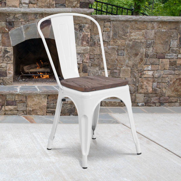 Perry White Metal Stackable Chair with Wood Seat