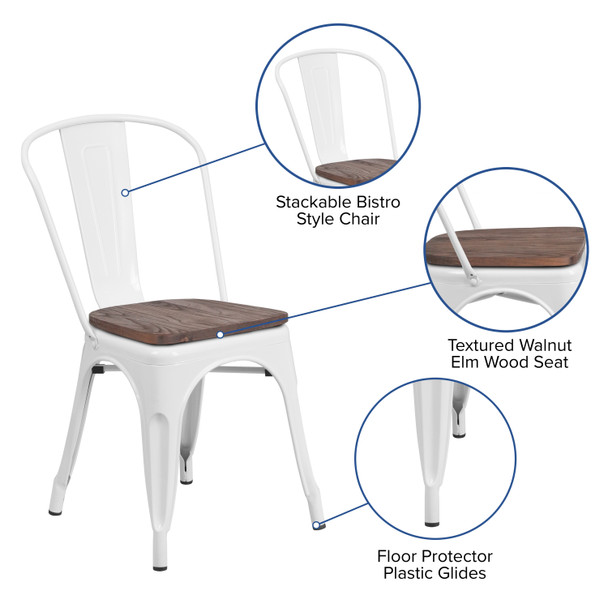 Perry White Metal Stackable Chair with Wood Seat