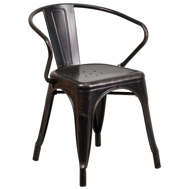 Luna Commercial Grade Black-Antique Gold Metal Indoor-Outdoor Chair with Arms