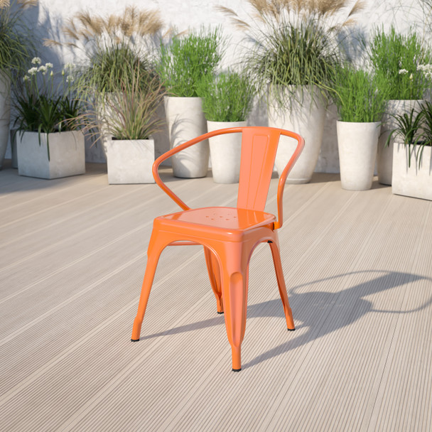 Luna Commercial Grade Orange Metal Indoor-Outdoor Chair with Arms