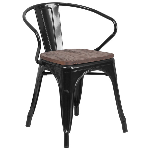 Luna Black Metal Chair with Wood Seat and Arms