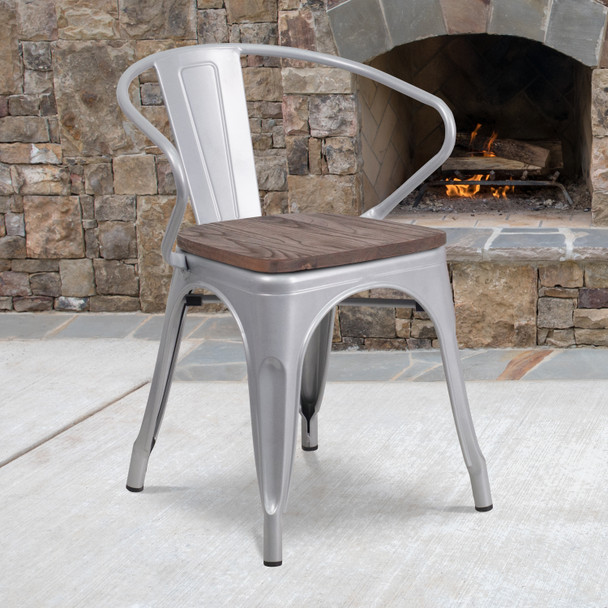 Luna Silver Metal Chair with Wood Seat and Arms