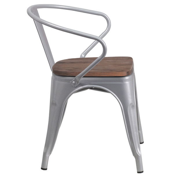 Luna Silver Metal Chair with Wood Seat and Arms
