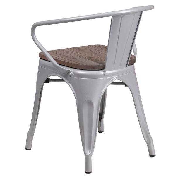 Luna Silver Metal Chair with Wood Seat and Arms