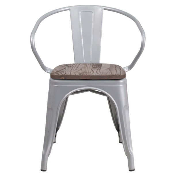 Luna Silver Metal Chair with Wood Seat and Arms