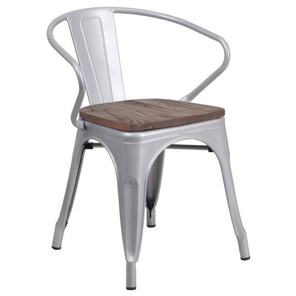 Luna Silver Metal Chair with Wood Seat and Arms