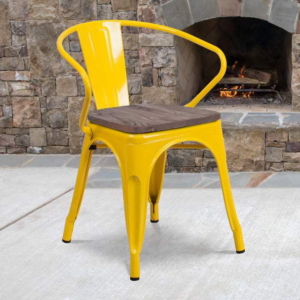 Luna Yellow Metal Chair with Wood Seat and Arms
