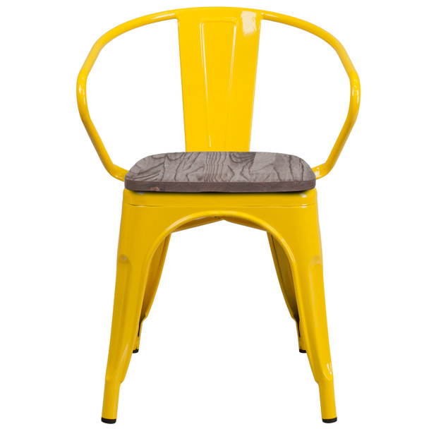 Luna Yellow Metal Chair with Wood Seat and Arms