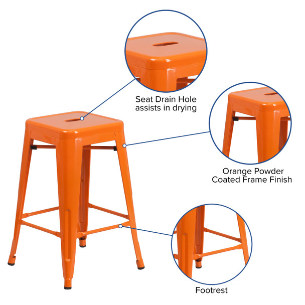 Kai Commercial Grade 24" High Backless Orange Metal Indoor-Outdoor Counter Height Stool with Square Seat