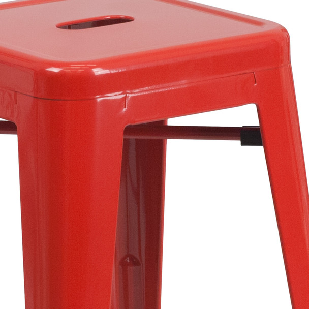 Kai Commercial Grade 24" High Backless Red Metal Indoor-Outdoor Counter Height Stool with Square Seat