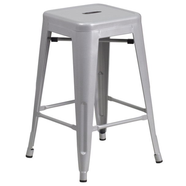 Kai Commercial Grade 24" High Backless Silver Metal Indoor-Outdoor Counter Height Stool with Square Seat