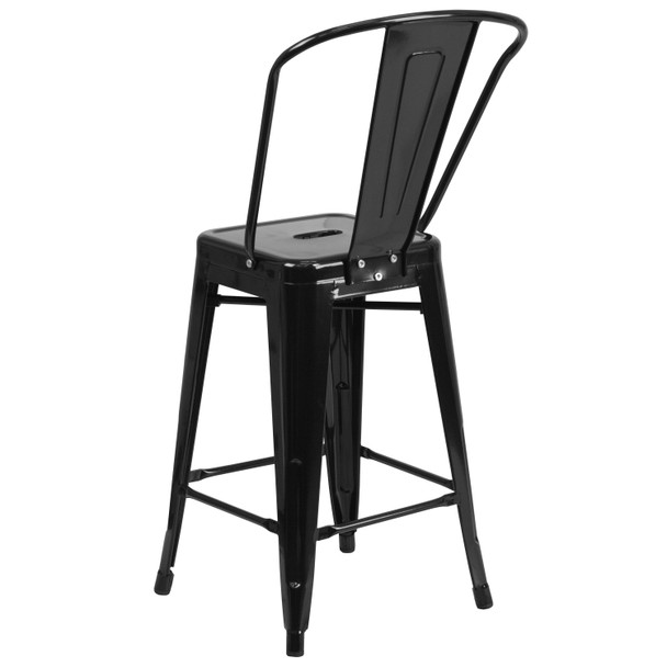 Kai Commercial Grade 24" High Black Metal Indoor-Outdoor Counter Height Stool with Removable Back