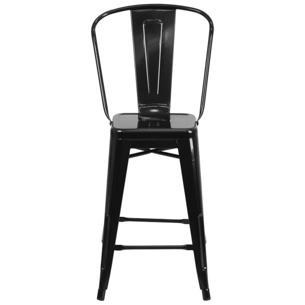 Kai Commercial Grade 24" High Black Metal Indoor-Outdoor Counter Height Stool with Removable Back
