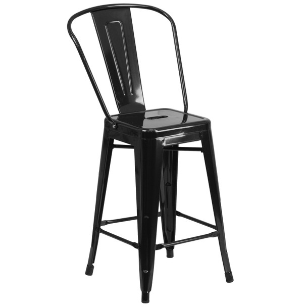 Kai Commercial Grade 24" High Black Metal Indoor-Outdoor Counter Height Stool with Removable Back