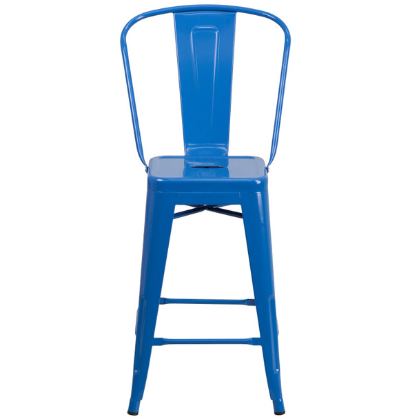 Kai Commercial Grade 24" High Blue Metal Indoor-Outdoor Counter Height Stool with Removable Back