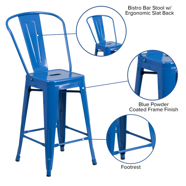 Kai Commercial Grade 24" High Blue Metal Indoor-Outdoor Counter Height Stool with Removable Back