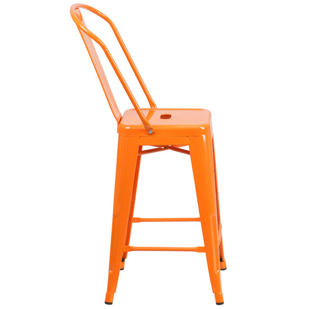 Kai Commercial Grade 24" High Orange Metal Indoor-Outdoor Counter Height Stool with Removable Back