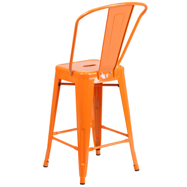 Kai Commercial Grade 24" High Orange Metal Indoor-Outdoor Counter Height Stool with Removable Back