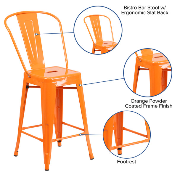 Kai Commercial Grade 24" High Orange Metal Indoor-Outdoor Counter Height Stool with Removable Back