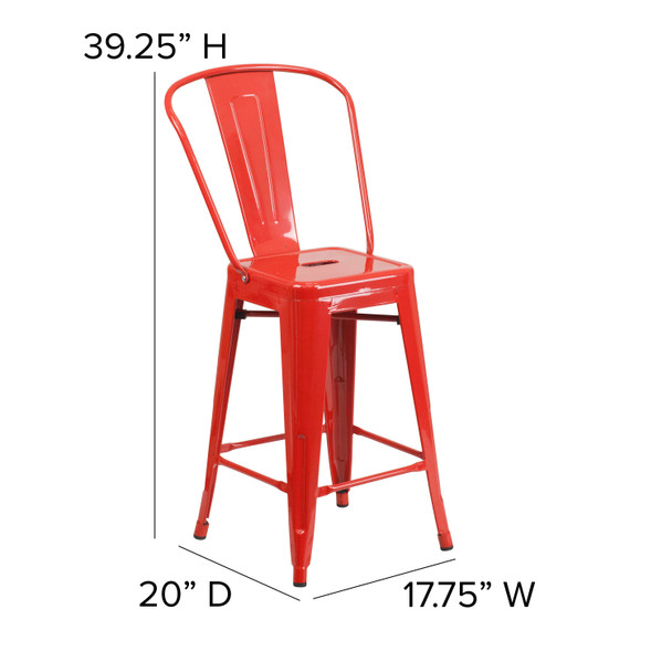 Kai Commercial Grade 24" High Red Metal Indoor-Outdoor Counter Height Stool with Removable Back