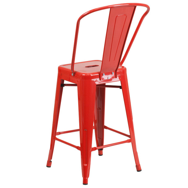 Kai Commercial Grade 24" High Red Metal Indoor-Outdoor Counter Height Stool with Removable Back