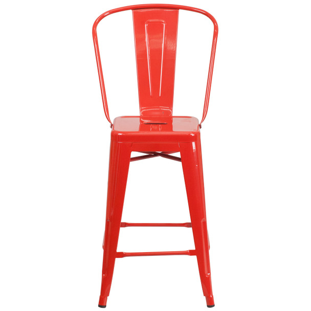 Kai Commercial Grade 24" High Red Metal Indoor-Outdoor Counter Height Stool with Removable Back