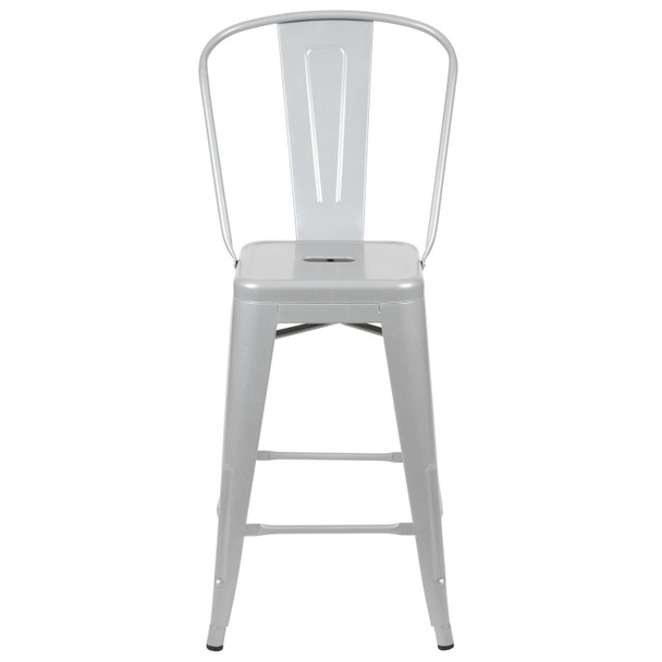 Kai Commercial Grade 24" High Silver Metal Indoor-Outdoor Counter Height Stool with Removable Back