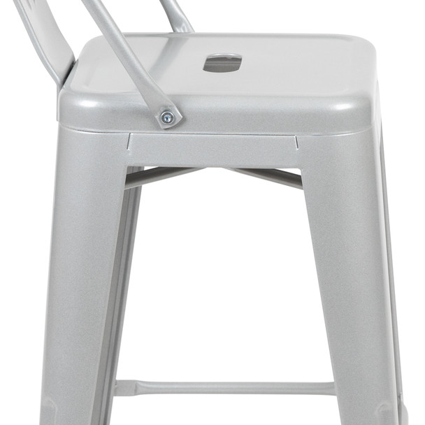 Kai Commercial Grade 24" High Silver Metal Indoor-Outdoor Counter Height Stool with Removable Back