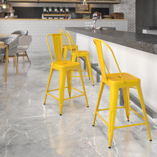 Kai Commercial Grade 24" High Yellow Metal Indoor-Outdoor Counter Height Stool with Removable Back