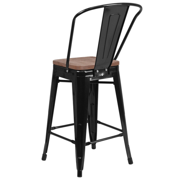 Lily 24" High Black Metal Counter Height Stool with Back and Wood Seat